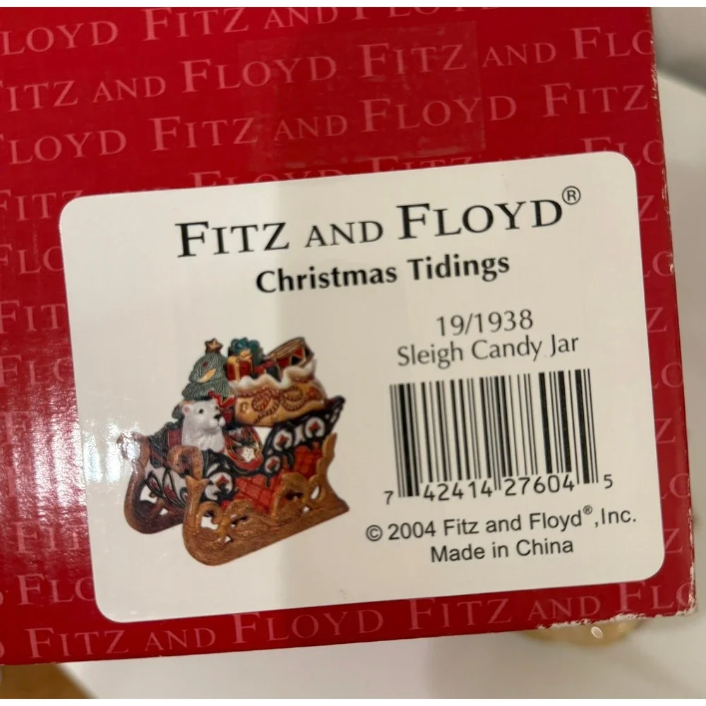 Fitz and Floyd Christmas Tidings Sleigh Candy Dish Polar Bear Presents Tree